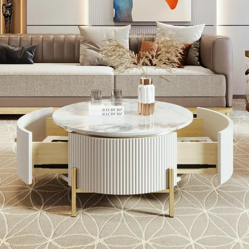 Miniatura 6 de Mesa de café redonda, mesa de café moderna de 31.5" con 2 cajones grandes de almacenamiento, tapa de mesa con patrón de mármol, mesa central
