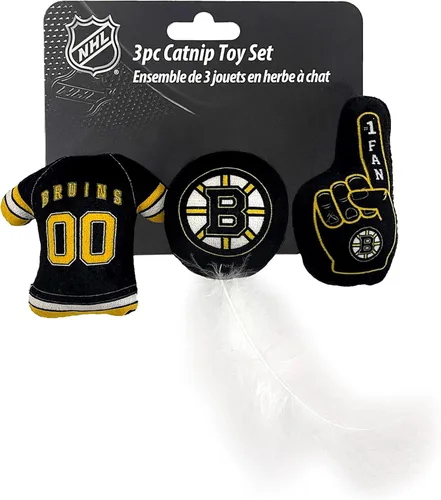 NHL Boston Bruins - Juego completo de 3 juguetes de peluche para gatos: jersey, disco de hockey con plumas y ventilador #1. Relleno de hierba gatera