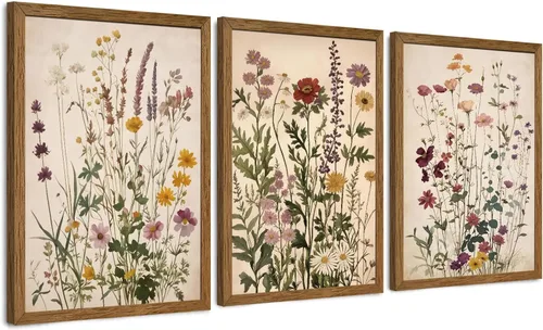 Miniatura 15 de WRFON Lienzo botánico y de flores, arte enmarcado de pared de paisaje de montaña, juego de 3, impresión en lienzo de prado de flores silvestres