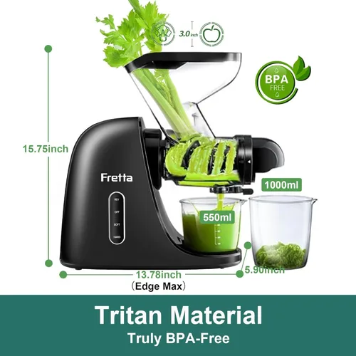 Miniatura 4 de Fretta - Exprimidor de prensado en frío, sin BPA, máquina de exprimidor de verduras y frutas, canal de alimentación de 3 pulgadas de ancho, fácil