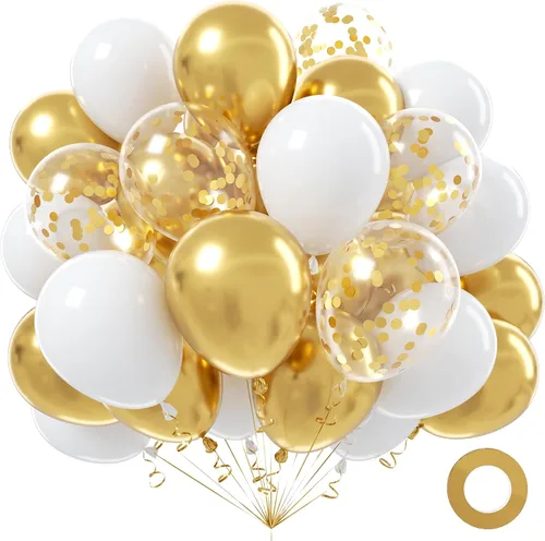 Globos blancos y dorados, 90 globos de látex blanco brillante y dorado de 12 pulgadas, globos redondos de helio para cumpleaños, día de San Oro