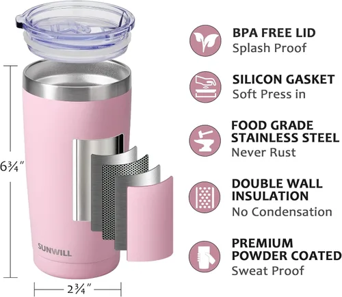 Miniatura 2 de SUNWILL Vaso de café de viaje de 20 onzas, taza aislada con tapa, taza de acero inoxidable para bebidas calientes y frías, con recubrimiento