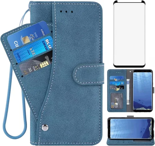 Asuwish Compatible con Samsung Galaxy S8 - Funda tipo cartera y protector de pantalla de vidrio templado, soporte para tarjetas de crédito, soporte