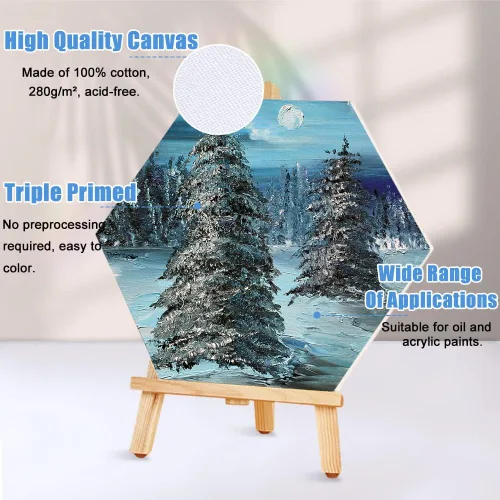 Miniatura 4 de yazi Tableros de lienzo hexagonales para pintar, 5 paquetes de tablas estiradas de 12 pulgadas, pintura acrílica, tableros de decoración tallados