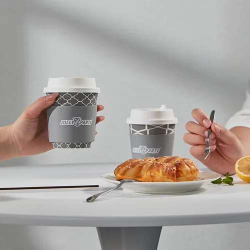 Miniatura 7 de JOLLY PARTY [100 Sets] Tazas de papel para café de 10 onzas, tazas de café desechables con tapas, fundas y popotes, tazas para bebidas