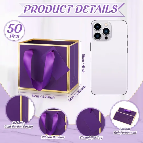 Miniatura 2 de Yeaqee 50 mini bolsas de regalo de papel de aluminio metálico con asas de 4 x 4.75 x 2.25 pulgadas, bolsa pequeña de agradecimiento de San Valentín