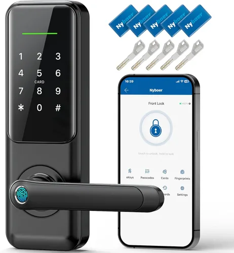Cerradura de puerta inteligente de huellas dactilares con asa: cerradura de teclado de entrada sin llave para puerta delantera, cerradura digital