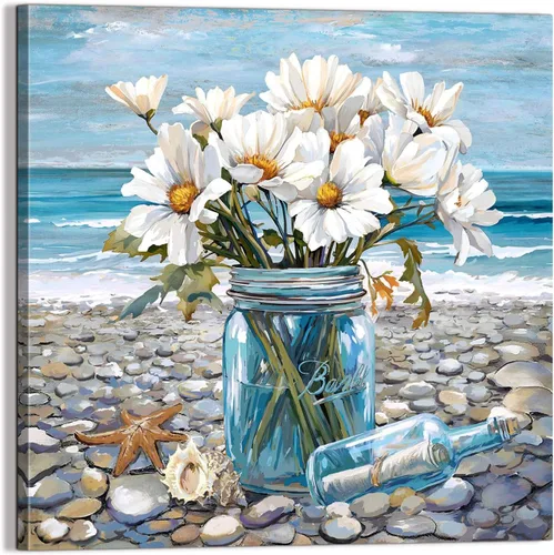 Miniatura 9 de Decoración de baño, arte de pared de playa, tema oceánico, imagen azul, impresión en lienzo, obra de arte costera moderna, enmarcada para colgar