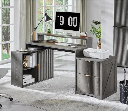 Miniatura 11 de JXQTLINGMU Escritorio ejecutivo moderno de 58 pulgadas con almacenamiento, escritorio de madera para oficina en casa con 5 cajones y 1 gabinete