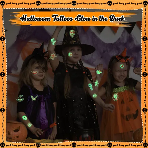 Miniatura 6 de OLIKER - 204 tatuajes de Halloween para niños, envueltos individualmente que brillan en la oscuridad, tatuajes luminosos para Halloween, tatuajes