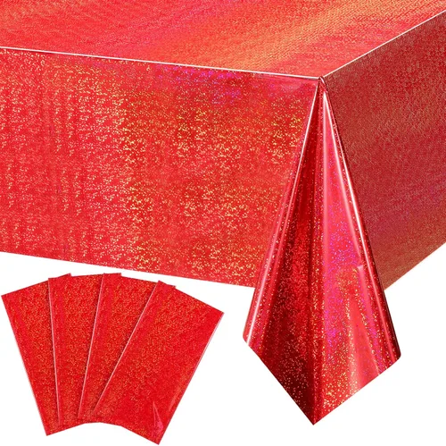 Miniatura 10 de Paquete de 8 manteles de plástico iridiscente brillantes desechables láser rectangulares, cubiertas de mesa de papel holográfico iridiscente, Rosa