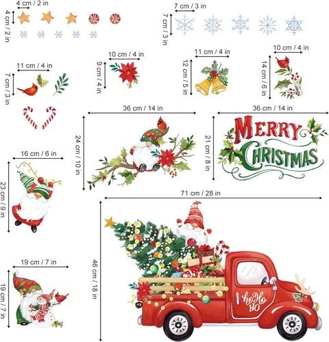 Miniatura 5 de Wondever Pegatinas de pared de camiones rojos - Gnomos, árbol de Navidad, calcomanías de arte para ventana para fiesta, decoración navideña
