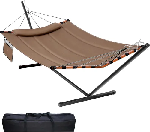 Miniatura 11 de TegerDeger Hamaca para 2 personas de 12 pies con soporte incluido, hamaca grande de 55 x 79 pulgadas, capacidad de 450 libras con barra separadora