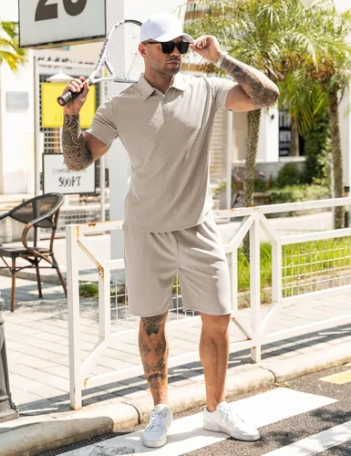 Miniatura 3 de URRU Conjunto de camisa polo y pantalones cortos para hombre, trajes de verano casuales de manga corta para hombre, conjunto de 2 piezas