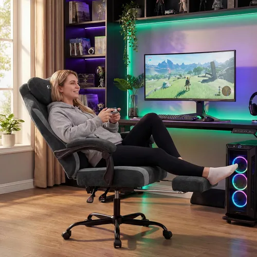 Miniatura 2 de SUKIDA Silla ergonómica de videojuegos de tela, sillas ergonómicas de respaldo alto para juegos de computadora con gran masaje ajustable, soporte