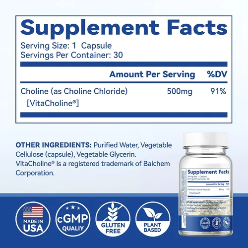 Miniatura 9 de Suplementos prenatales de colina, cápsulas líquidas para concentración, memoria y energía, 500 mg de VitaCholina pura, apoya el desarrollo cognitivo
