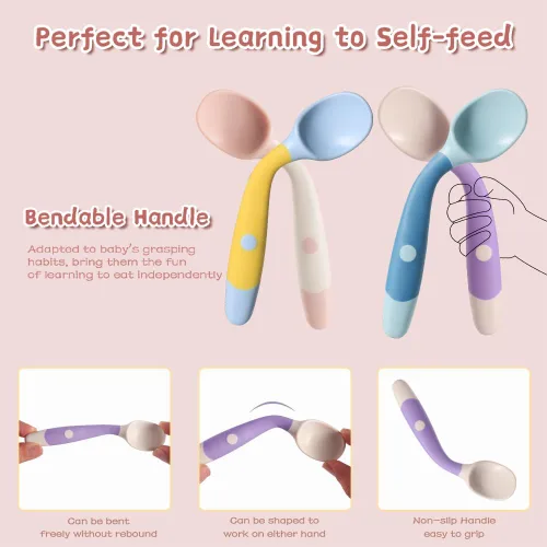 Miniatura 2 de Utensilios para bebé, cucharas y tenedores, cubiertos de autoalimentación flexibles para niños pequeños con estuche de viaje, apto para encías