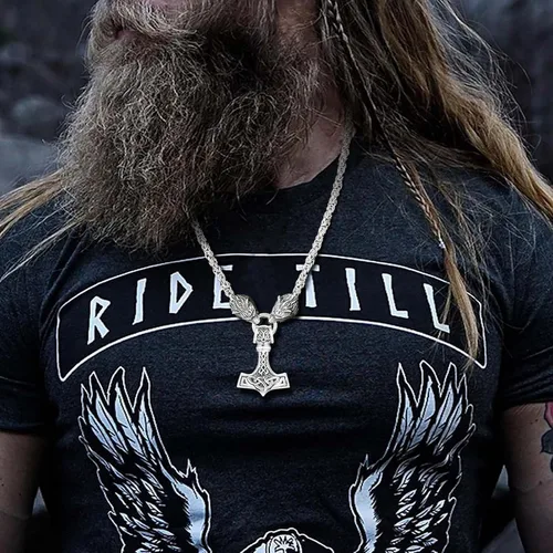 Miniatura 2 de Viking Necklace for Men - Norse Jewelry with Solid Mjolnir Fensilir Heads Viking Amulet Stainless Steel 6 mm Hefty King Chain Thors Hammer Wolf Head