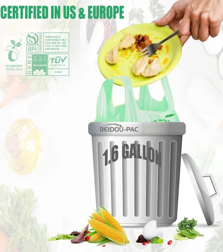 Miniatura 3 de BEIDOU-PAC Bolsas de basura compostables certificadas de 1.6 galones con asa, 125 bolsas de basura pequeñas de compost para cocina, bolsas de basura