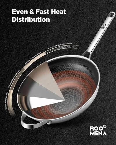 Miniatura 6 de Sartén wok con tapa, cerámica híbrida de 13 pulgadas, woks y sartenes para saltear de acero inoxidable de tres capas, antiadherente, no tóxico