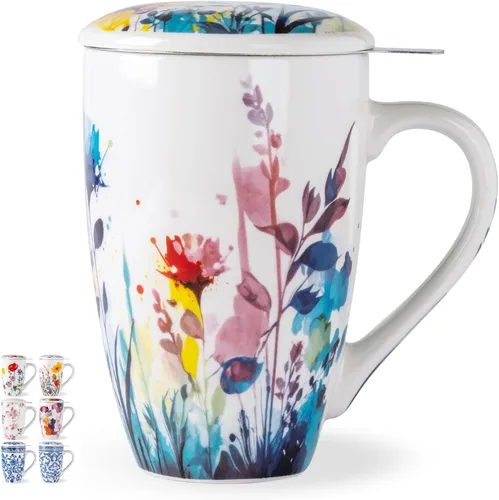 Miniatura 11 de AmorArc Taza de té de porcelana de 18 onzas con infusor y tapa, taza de té de hojas sueltas con colador de acero inoxidable, taza de café grande