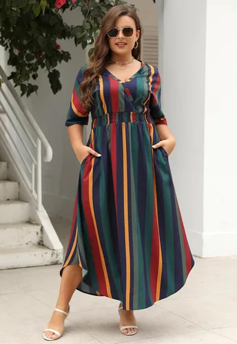 Miniatura 3 de Nemidor NEM403 - Vestido largo acampanado con cuello en V y estampado bohemio para mujer, talla grande, con bolsillo