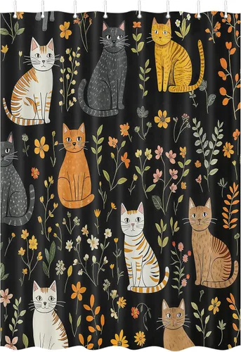Miniatura 2 de MERCHR Cortina de Ducha de Gato Lindo Campista para Baño de Remolque de Viaje, Divertido Juego de Cortinas de Ducha de Tela Negra con Gato