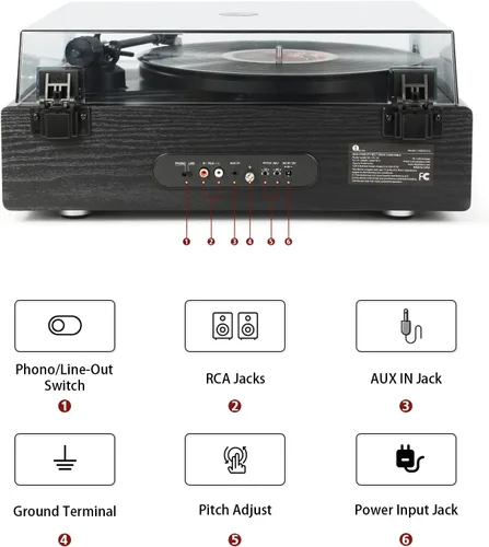 Miniatura 7 de 1 by ONE Reproductor de Discos de Alta Fidelidad Todo en Uno, Tocadiscos de Vinilo con Altavoces Integrados, Cartucho Magnético AT-3600L, Salida