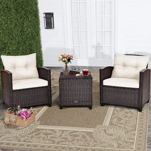 Miniatura 27 de RELAX4LIFE Juego de muebles de patio de 3 piezas, juego de conversación de mimbre con 2 sillones acolchados y mesa con tapa de cristal, juego