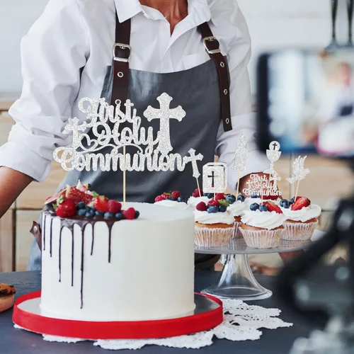 Miniatura 5 de Gyufise 25 adornos para magdalenas de la primera comunión con purpurina para la primera comunión, decoración para tartas de la primera comunión