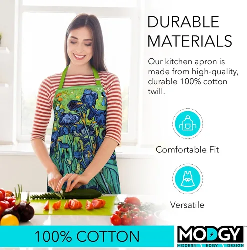 Miniatura 3 de MODGY Delantal con bolsillos para mujer, algodón, hornear, cocinar, Van Gogh Irises