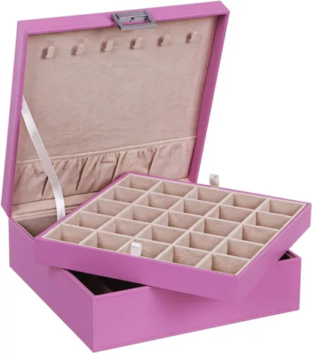 Miniatura 6 de BEWISHOME Soporte organizador de aretes para niñas, funda de 50 ranuras, 6 ganchos para collares, 2 bandejas apilables, caja de joyería rosa