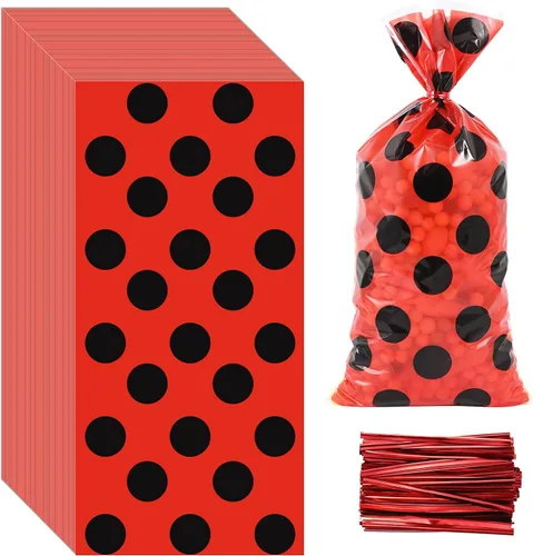 Lecpeting 100 bolsas de golosinas de mariquita, bolsas de dulces de celofán con lunares rojos y negros, regalos de fiesta de mariquita con lazos