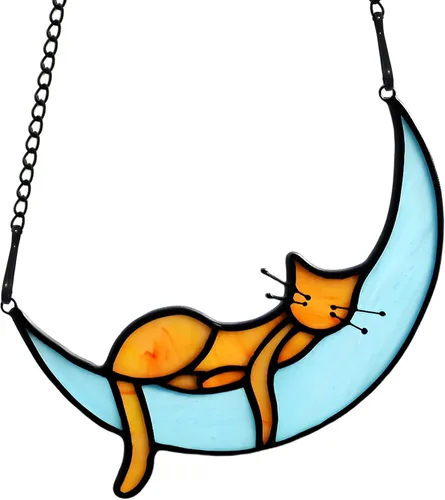 Miniatura 9 de BOXCASA Atrapasoles de Vidrio Emplomado Hecho a Mano de Gato Gris en Luna - Colgante Decorativo para Ventana para Amantes de los Gatos, Día
