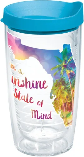 Tervis Florida Sunshine - Vaso de plástico aislado de doble pared hecho en Estados Unidos mantiene las bebidas frías y calientes, 16 onzas, tapa