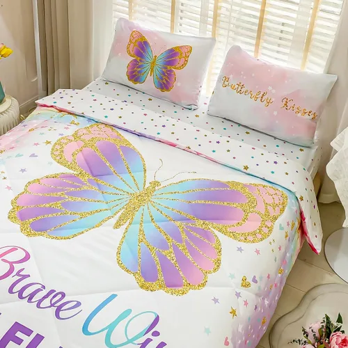 Miniatura 2 de Cokouchyi Juego de edredón tamaño Twin para niñas, 5 piezas cama en una bolsa, juego de sábanas de edredón de mariposas coloridas 3D, ultra suave