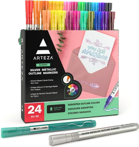 Arteza Marcadores de contorno doble, 24 colores, marcadores de alcohol plateados, crea líneas metálicas con contornos de colores vivos, funciona en