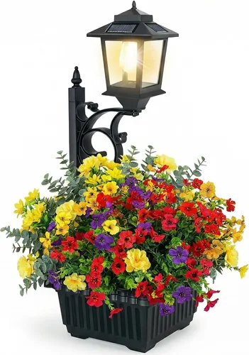 PASAMIC Macetas 2 en 1 para exteriores para flores reales o falsas, luces solares para poste de lámpara – montaje en pared o independiente, lámpara