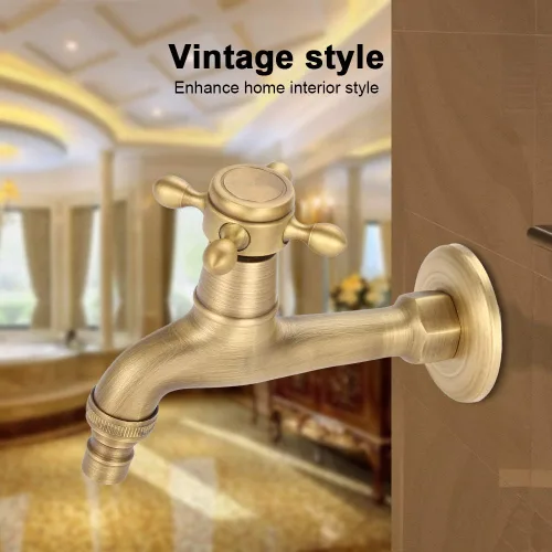 Miniatura 2 de Grifo de lavadora antiguo de cobre puro cepillado a mano clásico europeo para lavadora grifo de agua montado en la pared (1#)