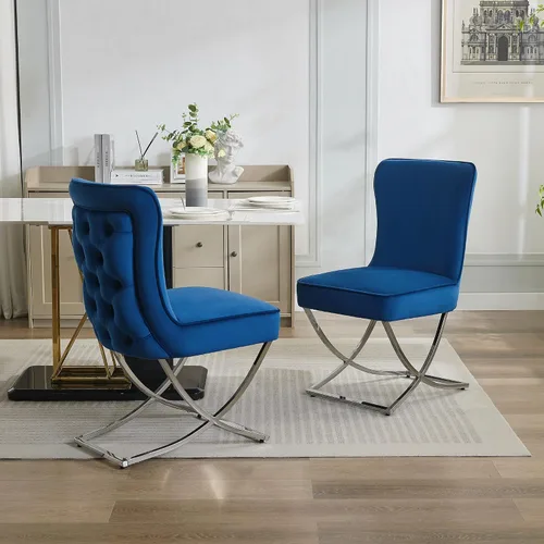 Miniatura 5 de WUTUTUEE Sillas de Comedor de Terciopelo de Lujo, Sillas de Acento Capitoné Tapizadas Sin Brazos con Patas de Metal Plateado en Forma de X, Juego