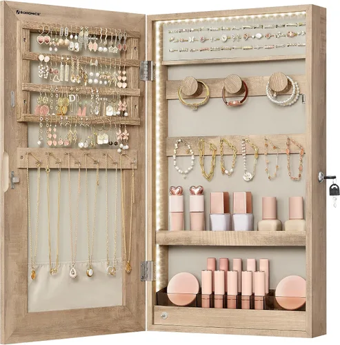 SONGMICS Armario de joyería con espejo con luces LED integradas, organizador de almacenamiento de joyas montado en la pared o en la puerta, 3.8 x