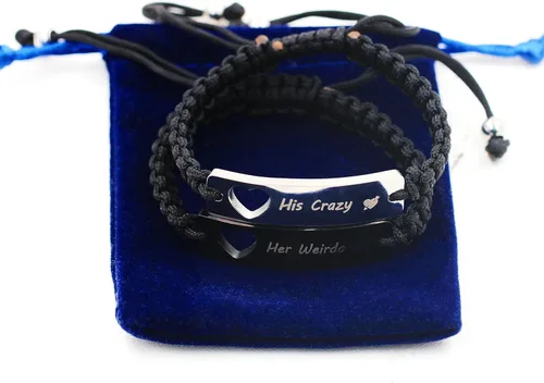 Miniatura 6 de 1 par de pulseras trenzadas Hademade para parejas, pulseras para hombres y mujeres grabadas con "I Love You 3000, God Gave Me You, His Crazy Her