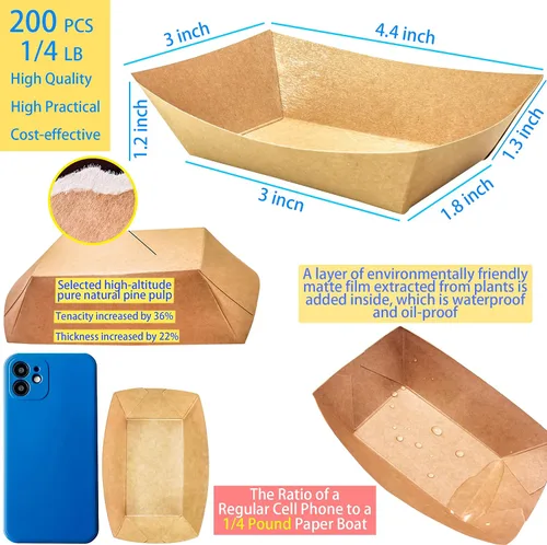 Miniatura 2 de Paquete de 200 bandejas pequeñas de papel para alimentos, botes desechables de papel kraft de 0.25 libras, color marrón, bandejas para servir