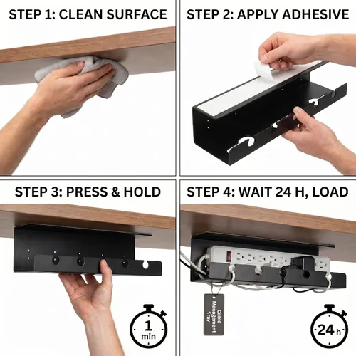 Miniatura 4 de Bandeja de organización de cables para debajo del escritorio, sin taladro, organizador de cables para escritorio, organizador de cables, bandeja