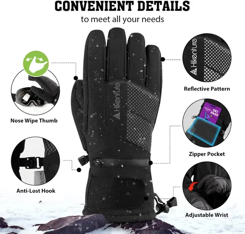 Miniatura 7 de Hikenture Guantes de esquí con Thinsulate 3M, guantes de nieve extra cálidos para hombres y mujeres, guantes de snowboard impermeables aislados