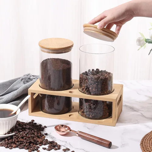 Miniatura 5 de ZOMUIA Contenedores de Café de Vidrio Herméticos Frascos de Almacenamiento de Granos de Café con Estante, 2 Piezas 44oz Organizador de Estación