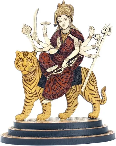 Estatua tallada en madera Durga Maa de 4 pulgadas en maderas duras exóticas - Ídolo Durga MATA de madera multicapa hecho a mano con león para