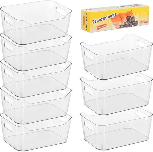 Heyuzb Paquete de 8 cubos organizadores de plástico y 20 bolsas para congelador, organizadores de despensa multiusos y contenedores de