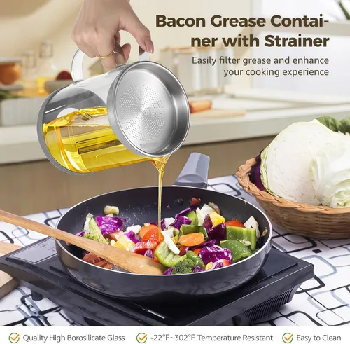 Miniatura 3 de Ahorro de grasa de tocino premium con colador, recipiente grande de grasa de 1.5 L para cocina con filtro de acero inoxidable, almacenamiento