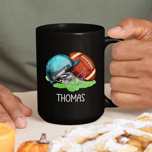 Miniatura 3 de Taza de café de fútbol americano con nombre personalizado, regalo de fútbol personalizado, porcelana negra 11oz y 15oz